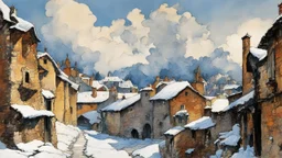 ink oil painting of a medieval Italian village landscape in winter, smoke rising from chimneys and icicles hang from the eaves, in the impressionist style of Childe Hassam, mixed with art nouveau, and abstract impressionism, and the comic art style of Jean-Giraud Moebius, precise and sharply defined brickwork and stone edges, in subdued natural colors