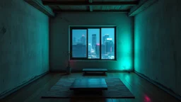 Japanese wabi-sabi minimalist room with imperfect plaster walls and aged wood, illuminated by subtle cyan and magenta neon lights, handcrafted low furniture and a window overlooking a rainy cyberpunk city.