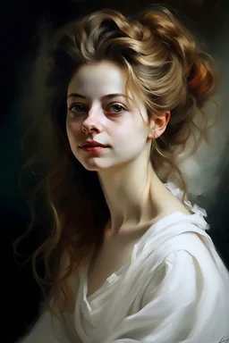 Portrait of a woman with free hair and white plain dress very high quallity very detailled in rubens oil painting style