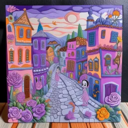 A light purple Day of the Dead themed town designed in Mexican folk art painted by Cai Jia