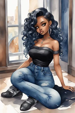 Create a futurism magna watercolor pain art of a black chibi curvy female sitting on the floor looking at herself in a hand mirror. She is wearing tight blue jeans and a black off the shoulder blouse. Prominent make up with lush lashes. Highly detailed long wavy hair. She is also wearing silver large hoop earringsart of a black chibi curvy female sitting on the floor looking at her cell phone. She is wearing tight blue jeans and a black off the shoulder blouse. Prominent make up with lush lashes