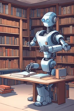 The library is serviced by computers, and there are many books on the shelves. The robot sits at the table and searches for books in the catalog in the computer Expression. High-quality drawing, 8K