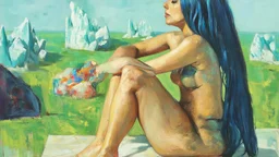 A surreal oil painting depicts a nude woman with long, dark blue hair sitting cross-legged on a light-colored surface. She is facing to the right, with her arms resting on her knees and her head tilted slightly. Her skin is rendered in warm, golden tones, contrasting with her dark hair. The background is a vibrant green landscape dotted with abstract, crystalline rock formations in shades of white and blue. A small cluster of colorful, abstract shapes lies on the grass in front of her. The sky i