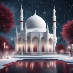 Hyper realistic Outside White Mosque with grass patches & maroon Minarets & frozen water fountain at snowfall night