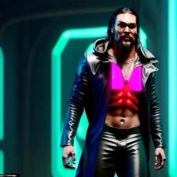 Actor, jason momoa, blade runner style, rain, fog, neon ambient, gradient color, clean skin, circuits, latex coat, cyber punk, neon, tubes, portrait, photo studio, unreal engine 5, smooth color, 16 bit, god lights, ray tracing, RTX, lumen lighting, ultra deatail, volumetric lighting, 3d, finely drawn, hd.