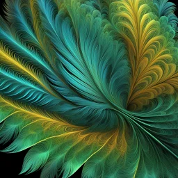 [fractal art: Mandelbulb 3d, Apophysis, Ultra Fractal] a fractal artwork inspired by the intricate details of a parrot feather. The design should feature vibrant colors like green, blue, and yellow, emphasizing the delicate textures and patterns of the feather. The fractal should incorporate swirling shapes and repeating motifs that mimic the organic flow and complexity of the feather's structure, giving a sense of depth and movement.