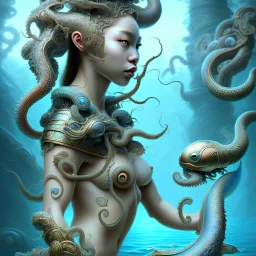 Sango fantasy, fantasy magic, intricate, sharp focus, illustration, highly detailed, digital painting, concept art, matte, art germ and Paul Lewin and Kehinde Wiley, masterpiece Japanese mermaid head bronze octopus' Asian African girl nice breast Thai hair turquoise silver blue under water