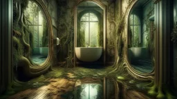 A surreal bathroom with a mirror reflecting an enchanted forest