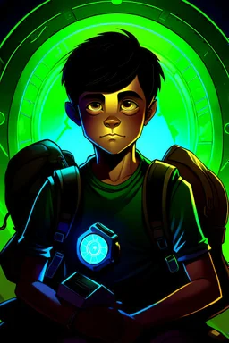 gimme a book cover photo which a boy 11 year old with dark hair in the dark with a backpack and a watch who is laying unconisous AND NOT WITHOUT A PORTAL