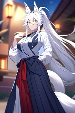 fox girl, masterpiece, best quality, cinematic lighting, detailed outfit, vibrant colors, perfect eyes, golden eyes, long hair, white hair, messy hair, hair between eyes, depth of field, ray tracing, ponytail, hakama, tail,