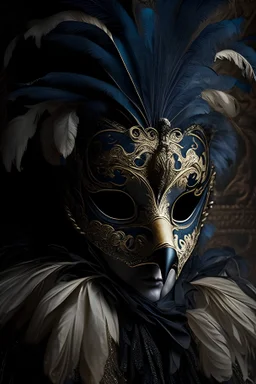 A mysterious portrait of a masked figure attending a Venetian masquerade ball, their enigmatic expression hidden behind an ornate, feathered mask.