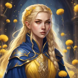 dungeons & dragons; digital art; portrait; female; cleric; gold eyes; long golden hair; young woman; flowing robes; long veil; braided bun; soft clothes; dark blue and gold robes; robes with armor; cleric of bahamut; magic; priestess of dragons; dandelions; young; pretty; teenager; traveling; yellow canaries