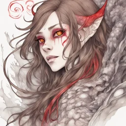 a close-up headshot of a woman turning into a monster with long brown hair, red eyes, sharp teeth, scales, pointed ears, intricately detailed, colored sketchy manga style, splotchy watercolor background, experiment