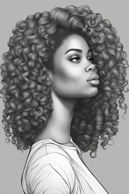 Create a coloring page of a beautiful curvy black female looking to the side with curly hair. No shading, No color, clean lines