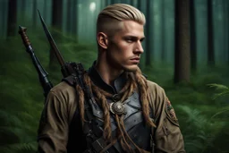 photorealistic hyperdetailed portait of 20-year-old german male, as mercenary with long blonde undercut hair, tribal tattoos and neatly trimmed beard wearing modern mercenary uniform dark fantasy forest backdrop