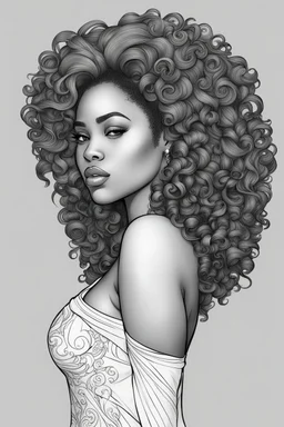 Create a coloring page of a beautiful curvy black female looking to the side with curly hair. No shading, No color, clean lines