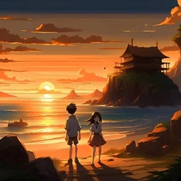 boy and girl, anime style, sunset, beach, rocks, mountains, house