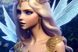 Fantasy cute fairy with wings, smiling, make up, long blond platinum hair, blue eyes, crown, beautiful dress, flowers in background, HQ, unreal engine