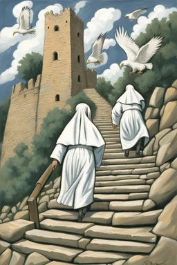 nuns in white climbing up broken stairs leading up a steep hill to an old crumbling tower. Storm clouds. Eagles flying around the tower. By artist "Bluefooted",by artist "Peter Hurd"