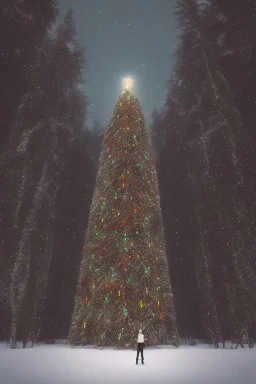 Huge lonely Christmas tree full of lights in a dark snowy forest, warm glow, small human standing next to it