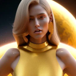 beautiful cosmic golden woman, long hair, nice smiling, magic glamour make up, delicate colors, beautiful glamour galactic golden dress, ultra sharp focus, 8k, unreal engine 5, extremely sharp detail, light effect, soft light atmosphere of a spaceship, smooth, full of details, face in front, complete vision of body