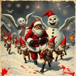 there is no kebabs at christmas, evil Santa, evil naked gnomes running around, staring flaming eyes, evil naked Rudolf, very big evil melting angry Frosty the snowman in background, 1940 christmas postcard, blood stains, Flying angels, fireworks, Tim burton style