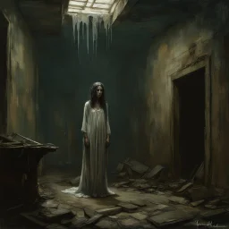 Creepy levitating woman fading ghost floating off the ground in eerie decaying basement, head slumped unnaturally forward, tattered asylum gown, ghostly visage non-material translucent entity, by Wayne Barlow, by Jeremy Mann, by Dave Kendall, eerie dark colors, rough matte oil painting.