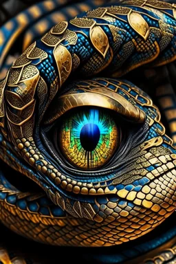 Close up of a Cobra snake ready to strike, head in a flat striking position. Abstract, Stunning and frightening pattern on forehead with staring eyes. Style of steampunk, chaos80, realistic and high quality