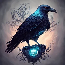 glowing skull raven in ghostly art style