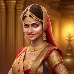 smiling indian princess in a sari, dark skin, in a temple, perfect composition, hyperrealistic, super detailed, 8k, high quality, intricate details, highly detailed