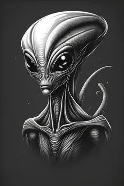 Alien vector illustration, dark shadow, black and white, high quality, no background, vector, light white background