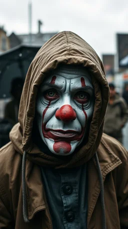 A sad hooded homeless clown with dirty face and bad make , Charlie Chaplin in the background a, dark cloudy rainy weather