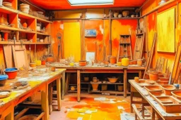 A orange colored workshop with cheese painted by Claude Monet