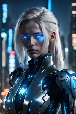 Woman with Blonde Hair, glowing blue cybernetic eye, right black cybernetic arm, black coat, thin silver armor underneath night, city background, high detail, 4k, small cables protruding from the back