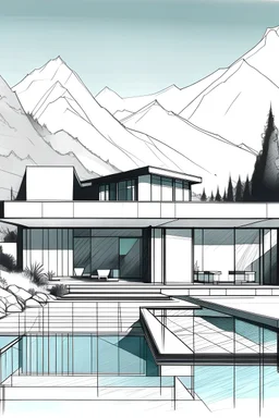 Buatkan gambar desain rumah minimalis modern, ada faman, kolam renang dan ada view gunung
