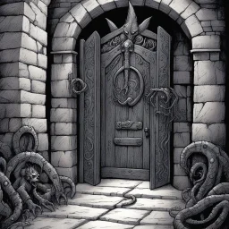 [illustration by Kevin Eastman and Peter Laird] Eliza nods grimly, moving to the door with the key ready. "Be prepared for anything when we open this," she warns, her fingers steady on the ancient iron. The tentacled horrors surge forward, their claws scraping against the stone walls. Markus grunts with effort, his muscles straining against the sealed door. "It's moving!" he shouts, the wood beginning to splinter. A wet, slithering sound fills the stairwell as more creatures emerge from the dar