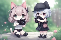 cute chibi photographer cat taking photos about a sexy cat girl