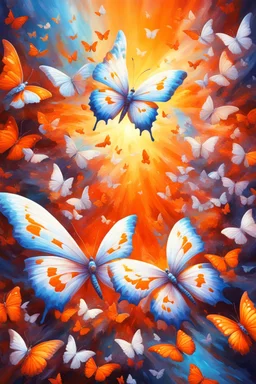 vibrant psychedelic oil painting image, airbrush, 64k, cartoon art image of background ORANGE and WHITE BUTTERFLIES , futurism style