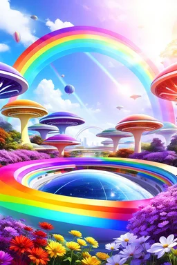 colors, very beautiful, ,flowers garden,rainbow, cité très futuriste ultra moderne, ufos fleet, rainbow intergalactic