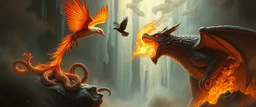 fire smoke and fog and light rays, phoenix octopus bird witch bear dragon in icy waterfall looks beyond really powerful slapping a bird in the face with fire, fantasy illustration, in the style of Rembrandt
