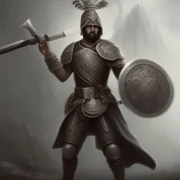 A warrior with a black face carrying sword and hammer fighting against white soldiers