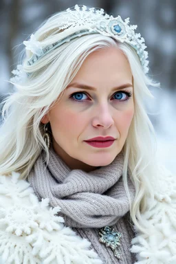 White middle age women who is the queen of ice magic. She has icy hair and ice blue eyes, she looks like ice is dusted on her