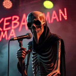 a very thin swedish man (near skeleton), with a plague mask with only a hole for the mouth (no eyes), he is called "KEBAB MAN" performing at death metal club, his name is "KEBAB MAN" kebab rolls On stage, kebab Neon lights and smog, and "KEBAB MAN" big sign on the wall, kebab tribal tattooes, spinning kebab machines, flames and smoke, chaos, he singing with mic,