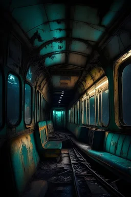 قطار من الداخل قديم مهترئ موجود فيه شخصين فقط ليل
