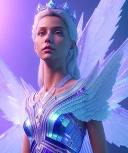 A crystalised queen, atmospheric, realistic, unreal engine, cinematic lighting, octane render. blue, pink, transparency, light, shine,bright, full body, transparent wings, blonde, long hair, nice smile