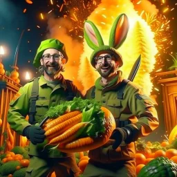 portrait of crazy cook and army officer holding huge carrots rockets inside grove with huge fluffy hare with mutations getting blasted by explosions, 4 k, down-light, soft light, depth of field, photo realism, trending on art station, high detail, spray paint