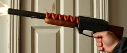 bazooka shooting a hot dog into a door so it splinters
