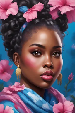 create an oil painting art image of a black curvy female looking to the side with a curly messy bun in a wrapped hair scarf. prominent make up with hazel eyes. 2k Highly detailed hair. Background of blue and pink hibiscus flowers surrounding her heaviley