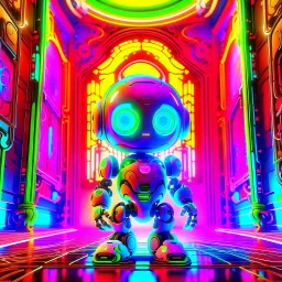 joyfull blessed cute holy chat robot in psychedelic neon hall, 8k, down-light, soft light, depth of field, photo realism, trending on art station, high detail