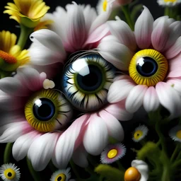 realistic image like a photo of flowers with eyes